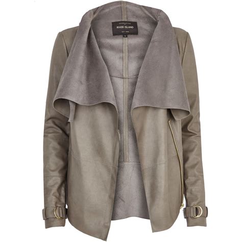 River Island Grey Leather Look Waterfall Jacket In Gray Lyst