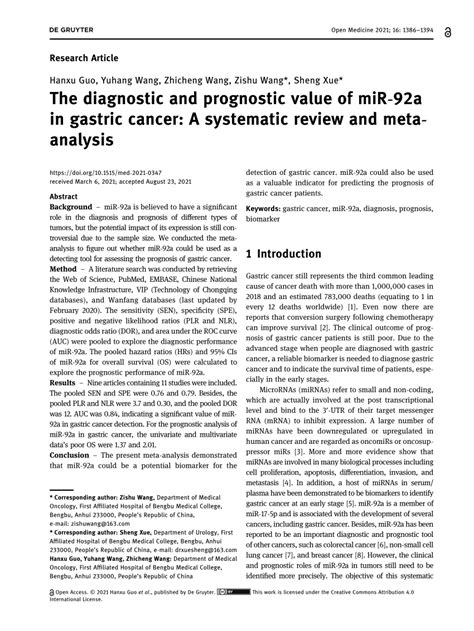 Pdf The Diagnostic And Prognostic Value Of Mir A In Gastric Cancer