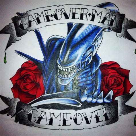 Drawing Of Xenomorph Featured In The Alien Movies With Roses Tattoo