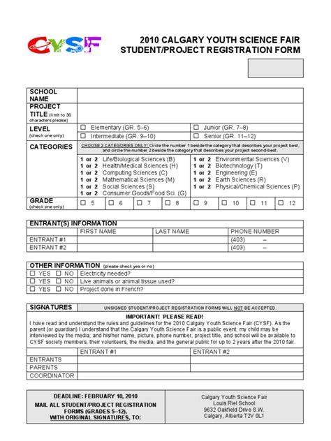 Student Project Registration Form Science Science And Technology