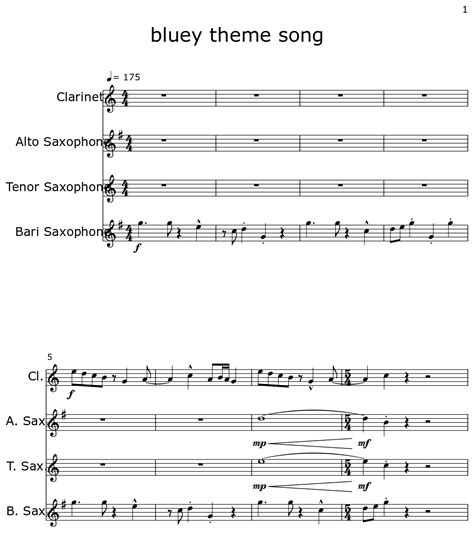 Bluey Theme Song Sheet Music For Clarinet Alto Saxophone Tenor Saxophone