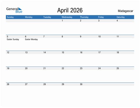 Editable April 2026 Calendar With Madagascar Holidays