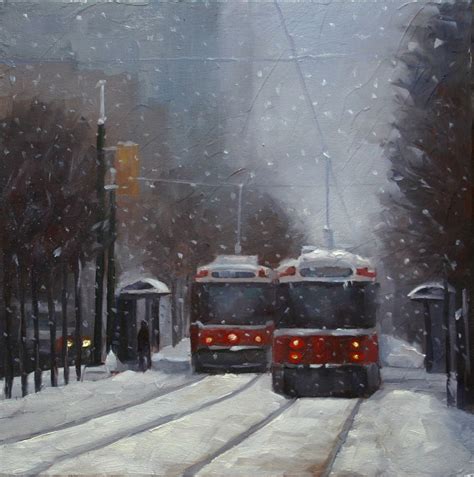 12 X 12 Oil On Canvas Two Toronto Streetcars Meet On Spadina During A