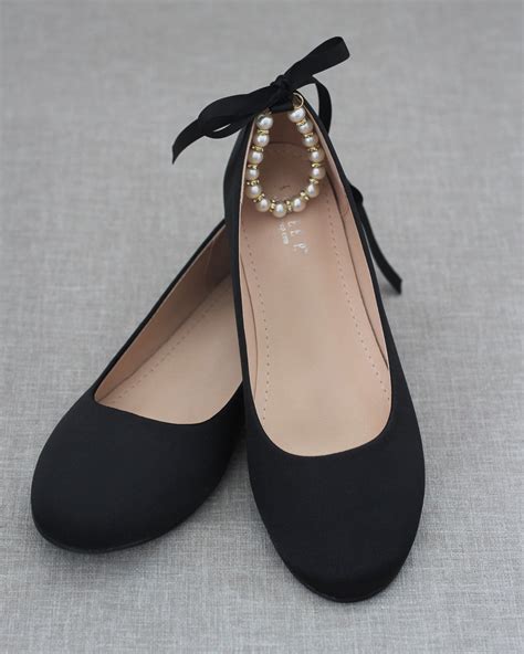 Black Round Toe Evening Flat With Pearl Strap Round Toe Flats Shoes