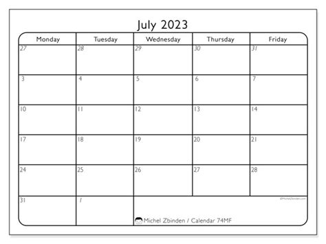 July 2023 Printable Calendar “74ss” Michel Zbinden Us