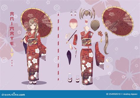 Anime Girl In Kimono With Umbrella Characters For Animation Stock