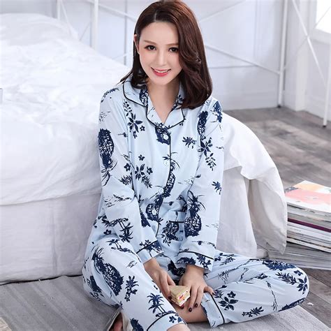 Autumn Long Sleeved 100 Cotton Womens Pajama Sets Floral Sleepwear Girl Pyjamas Elegant Pajama