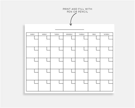 Blank Monthly Calendar Printable Calendar Digital Calendar Etsy Uk