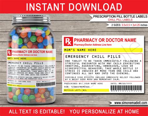 Now it's even easier with these free printable joke labels for snacks! Prescription Mom Chill Pills Label Template | Funny Gag ...