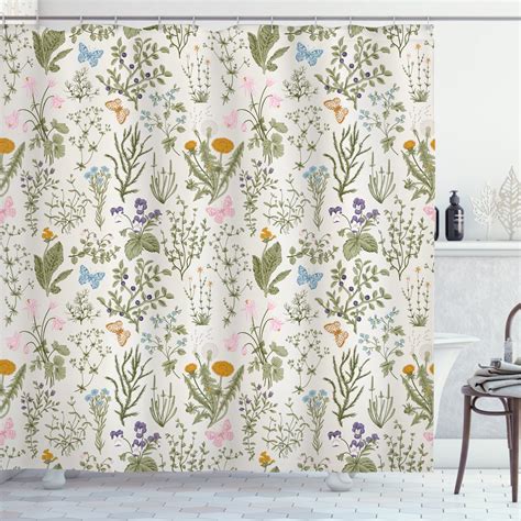 Floral Shower Curtain Vintage Garden Plants With Herbs Flowers