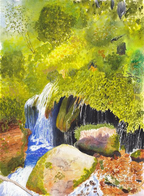 Rainforest Waterfall Watercolor And Acrylic Painting By Conni