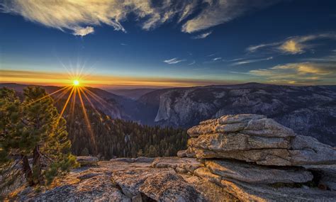 Yosemite National Park Sky Sun Sunset Mountain Tree Rock