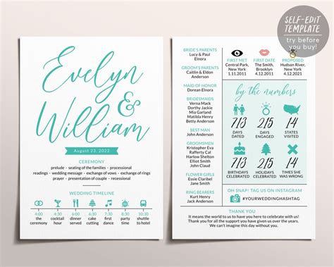Teal Infographic Wedding Program Template Editable Reception Etsy