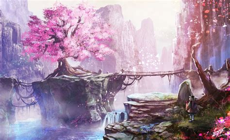 Wallpaper Anime Girls Cherry Blossom Fantasy Art Landscape Nature Waterfall Mountains