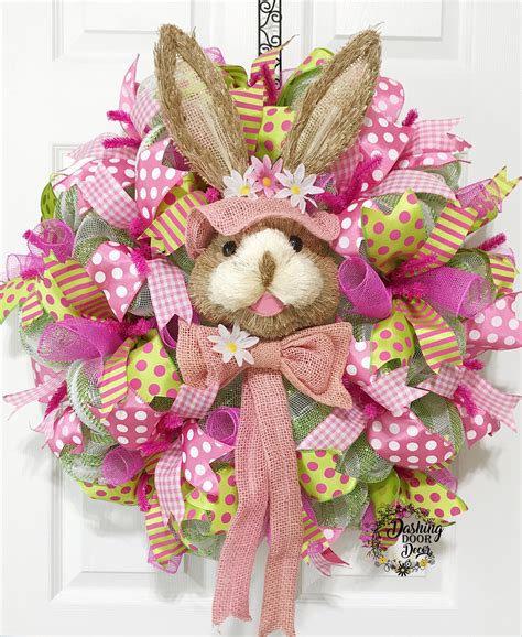 Spring Easter Bunny Rabbit Bonnet Burlap Front Door Deco Mesh Wreath