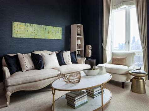 Contemporary Neutral Living Room Sitting Area With Navy Blue Accent