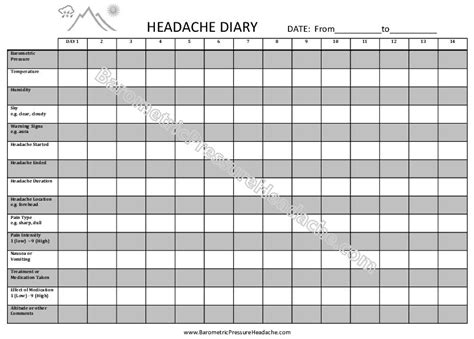 Headache Diary Journal Headache Diary Barometric Pressure Headache Pressure Headache