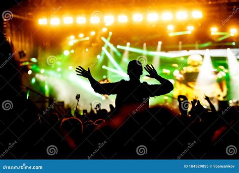 Rock Concert Silhouettes Of Happy People Raising Up Hands Stock Image