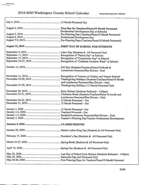 Washington County School District 2019 2020 School Calendar