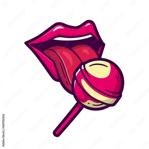 Sexy Red Female Lips And Tongue With Shiny Lollipop Isolated On White