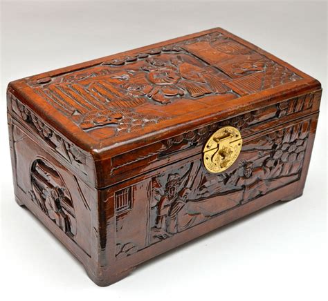 Chinese Antique Carved Wooden Box Lined With Red Asian Fabric Medium