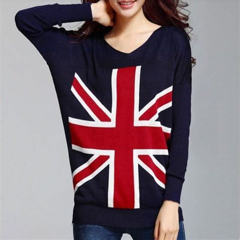 uk flag print loose women sweater one size blue