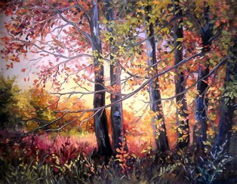 An Oil Painting Of Trees And Grass In The Woods With Autumn Leaves On