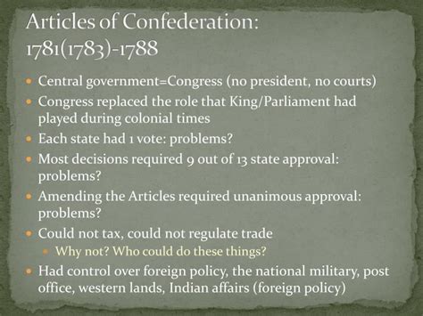 Ppt Articles Of Confederation And The Constitution 1781 1788