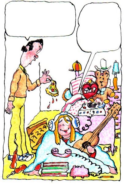 Bedroom, office, bathroom, kitchen, living room, laundry, garage, boiler room. messy room w blank word balloons