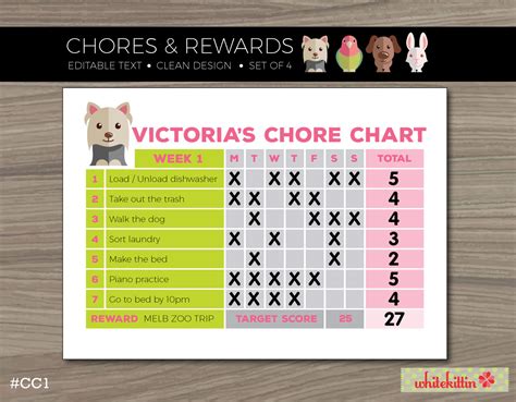 Cute Animal Chore Reward Chart Editable Diy By Whitekittin On Etsy