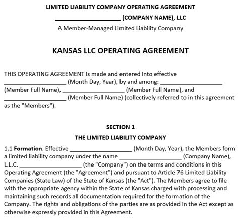 Printable Kansas Llc Operating Agreement Template Word Excel Tmp