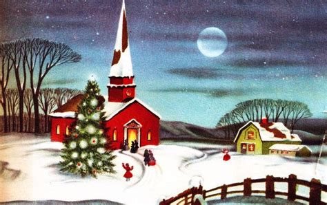 Vintage Christmas Card Pretty Church Tree Moon Winter Scene Vintage