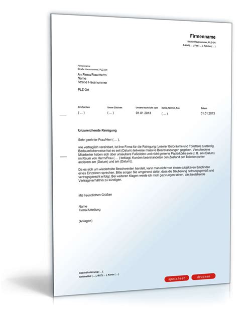 Bewerbungsschreiben als musterbeispiele zum download aufbau und inhalt: Beanstandung an eine Reinigungsfirma - Muster-Vorlage zum ...