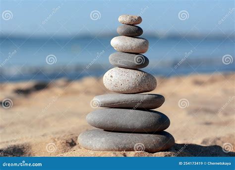 Stack Of Stones On Beautiful Sandy Beach Stock Image Image Of Harmony
