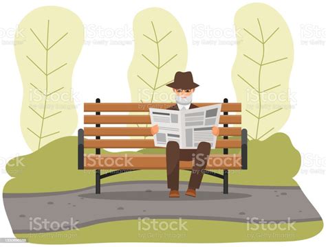 Old Man With Glasses Sitting And Reading Newspaper On Bench In Park
