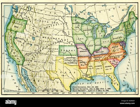 Us Map Showing Seceding States By Date Us Civil War 1860 And 1861 Stock