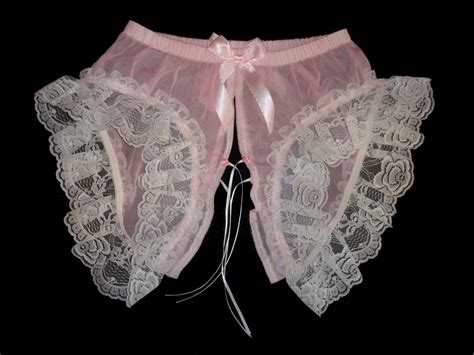 adult sissy polyester chiffon open crotch panties very frilly in lace