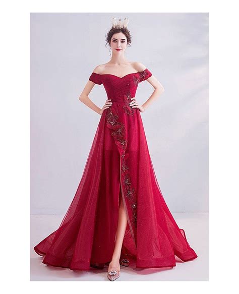 Red Split High Low Party Prom Dress Sexy With Off Shoulder Wholesale