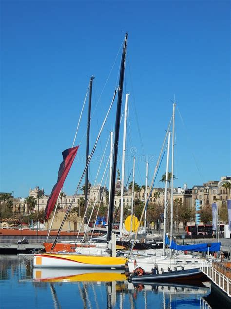 Sailing Boats Seen In The Marina Of Barcelona Spain Stock Image