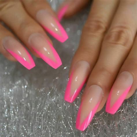 Long Pink Coffin French V Shape Press On Nails Pink French False Nail