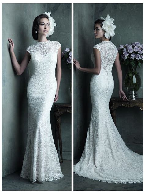 Elegant High Neckline Cap Sleeves Sheath Lace Wedding Dress 2453896