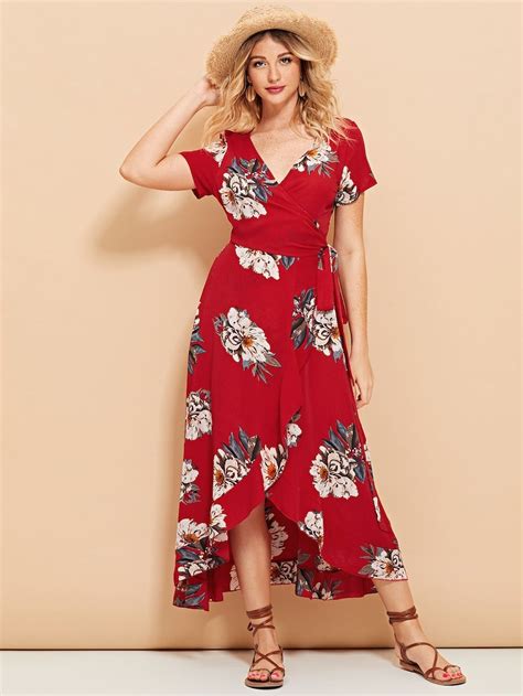 surplice neck floral ruffle hem dress shein sheinside ruffle hem dress dresses hem dress