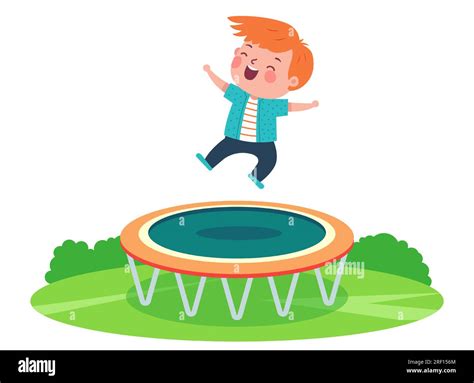 Boy Jumping On A Trampoline In Nature Flat Vector Illustration Stock