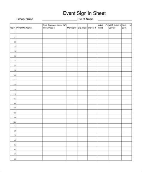 event sign  sheet template   word