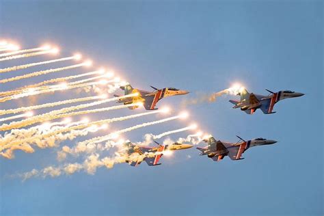 Flares By The Russian Knights In Their Su 27 Flanker Fighter Jets