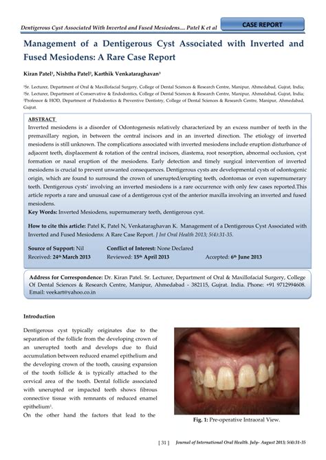 Pdf Management Of A Dentigerous Cyst Associated With Inverted And