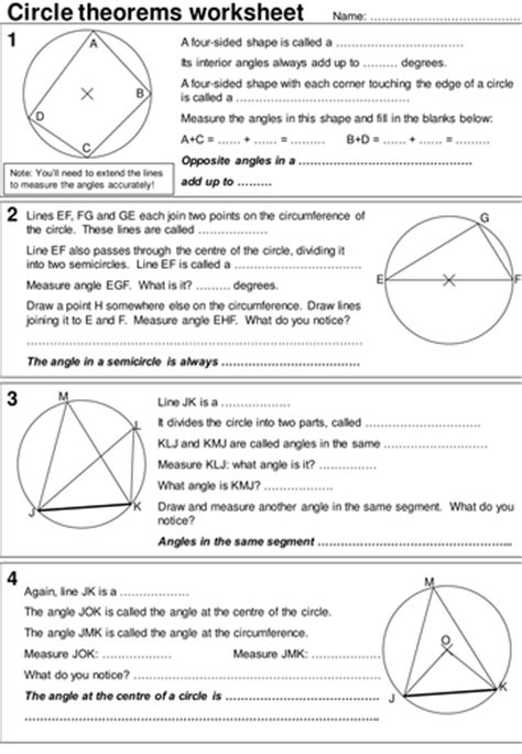 Circle Theorems Investigative Worksheet Teaching Resources