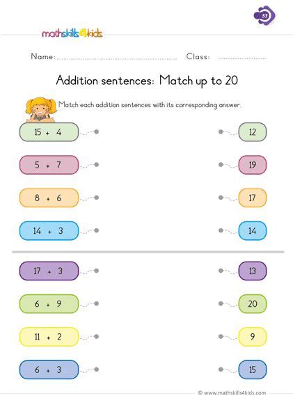 Addition Sentences Match Up To 20 1st Grade Worksheets 1st Grade