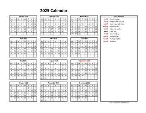 2025 yearly calendar printable with week numbers