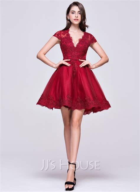 A Line Princess V Neck Short Mini Tulle Homecoming Dress With Appliques